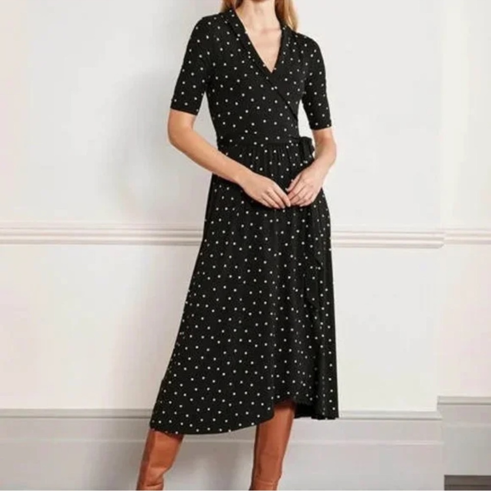 Boden Black Midi Wrap Dress with White Polka Dots